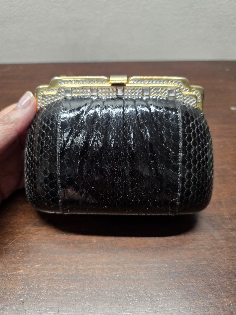 Classic Black Faux Snakeskin Evening Clutch with Gold Frame